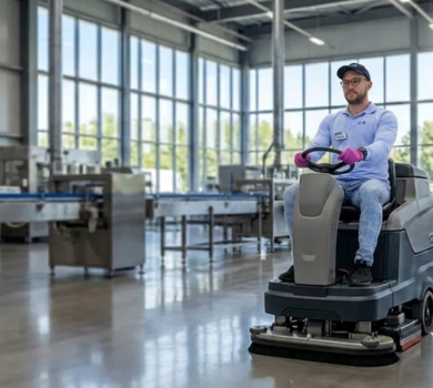Professional factory cleaning technician operating industrial scrubber - CPG.