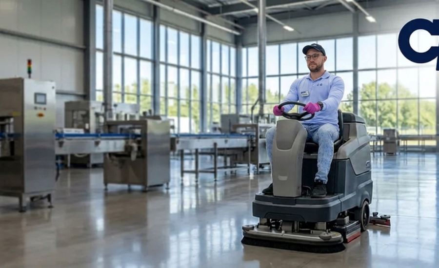 Professional factory cleaning technician operating industrial scrubber - CPG.