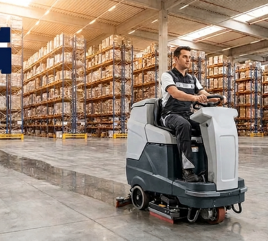 Premium commercial cleaning services and mechanized floor maintenance in a modern warehouse hub by The Cleaning Pro Group (CPG).
