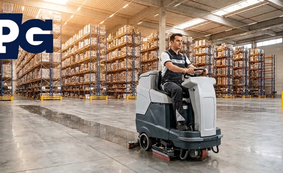 Premium commercial cleaning services and mechanized floor maintenance in a modern warehouse hub by The Cleaning Pro Group (CPG).